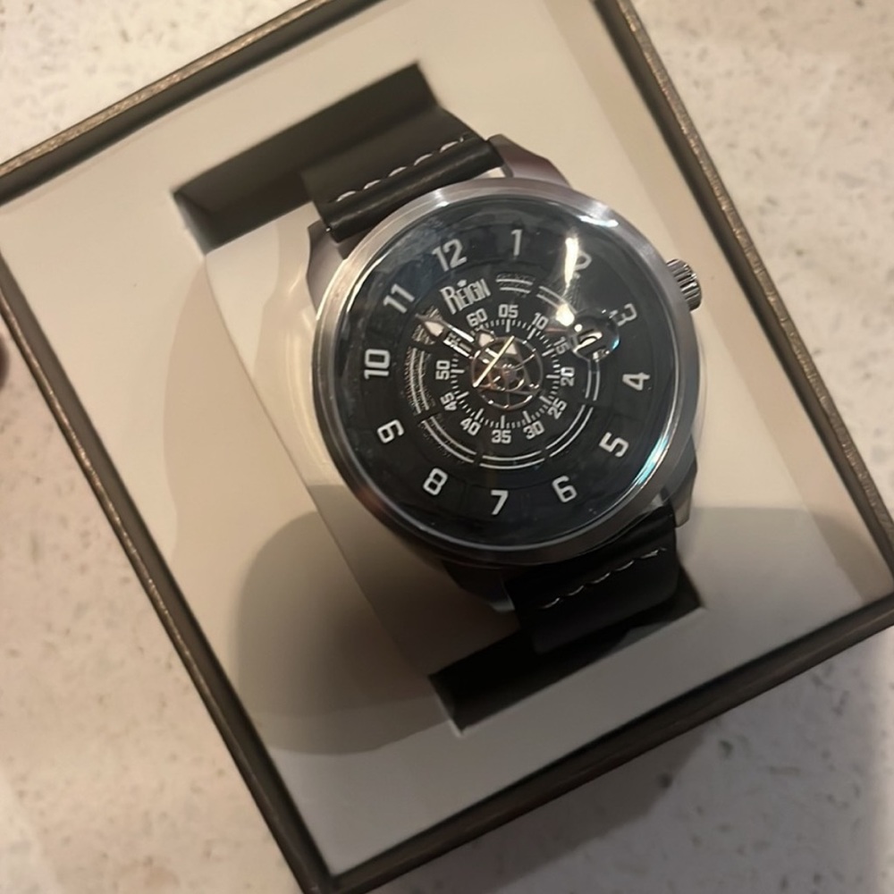 REIGN BLACK LEATHER STRAP WATCH WITH BLUE FACE AND STAINLESS STEEL NEW WITH BOX.